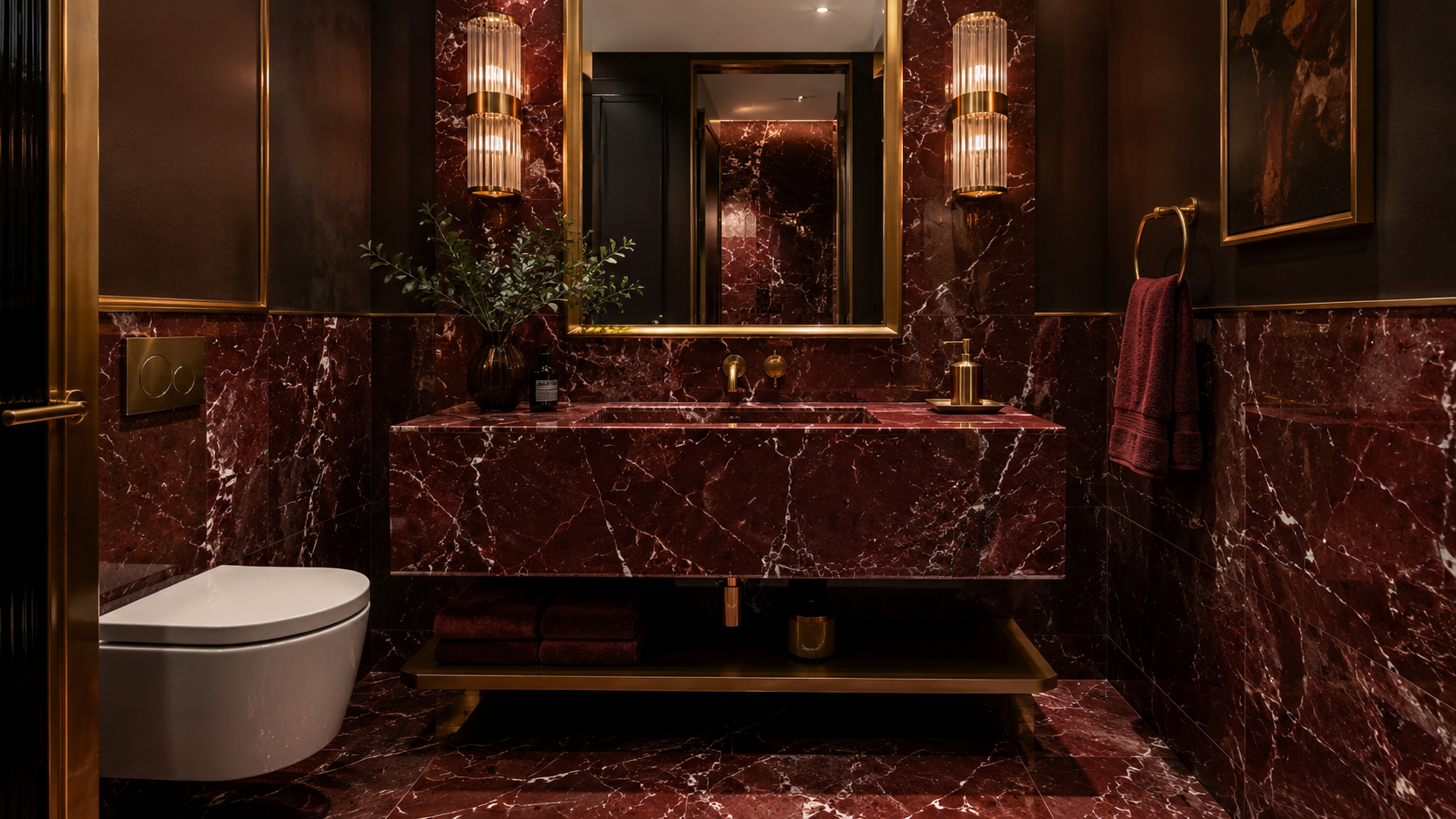 Burgundy marble powder room featuring gold accents and custom mirror styling